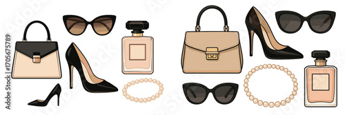 Elegant women's fashion accessories collection featuring stylish handbags, high-heeled shoes, chic sunglasses, perfume, and pearl jewelry