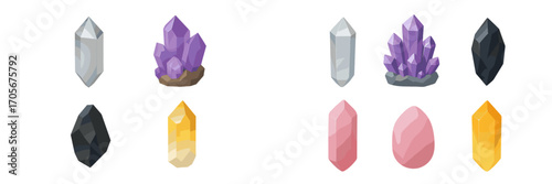 Variety of colorful magic crystals and precious gemstones including amethyst, quartz, obsidian, and rose quartz