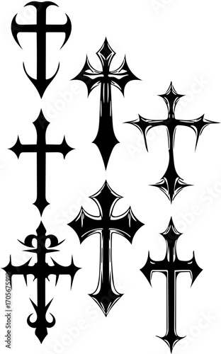 A versatile set of intricate black Christian cross silhouettes, representing spiritual faith and gothic art forms