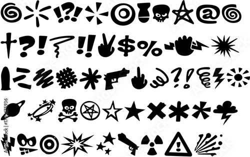 A collection of various black and white symbols and icons, arranged closely together.