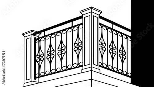 Minimalist modern interpretation of ornate balcony gates, 2D flat silhouette.