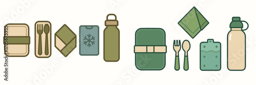 Sustainable reusable food and drink containers with cutlery, lunchbox, water bottle, and napkin for daily use