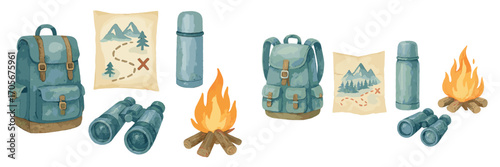 Outdoor adventure gear collection with backpack, vintage map, binoculars, insulated thermos, and cozy campfire