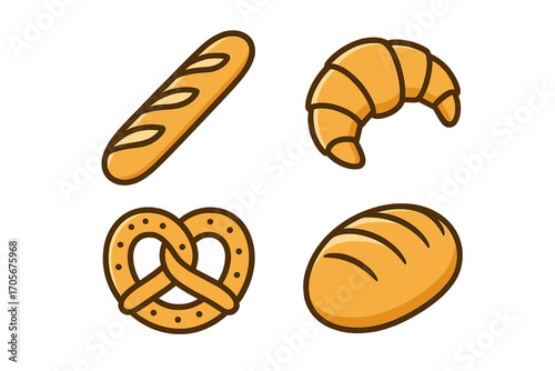 Delicious assortment of freshly baked goods featuring a golden baguette, flaky croissant, classic pretzel, and a rustic bread loaf