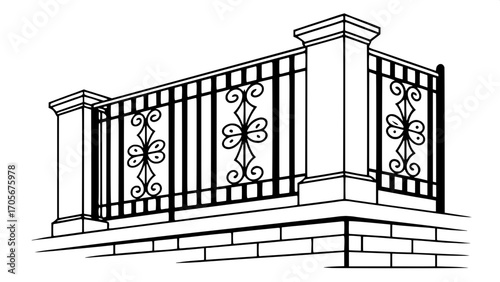 Minimalist modern interpretation of ornate balcony gates, 2D flat silhouette.