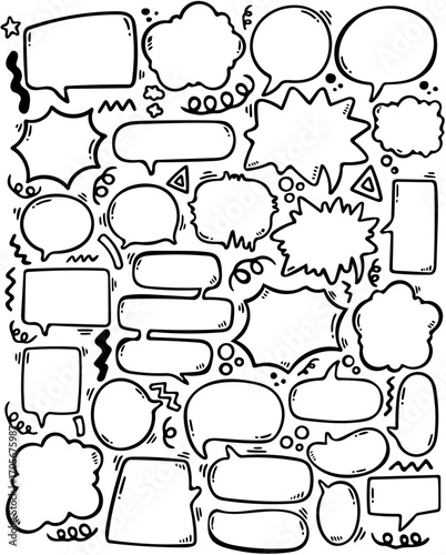 A collection of hand-drawn speech bubbles and thought bubbles, in various shapes and sizes.