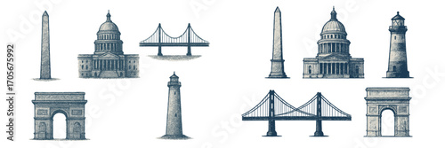 Collection of iconic global architectural landmarks and famous travel destinations, detailed sketch style
