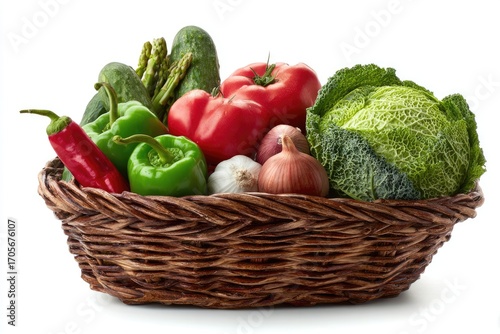 A wicker basket overflowing with fresh vegetables