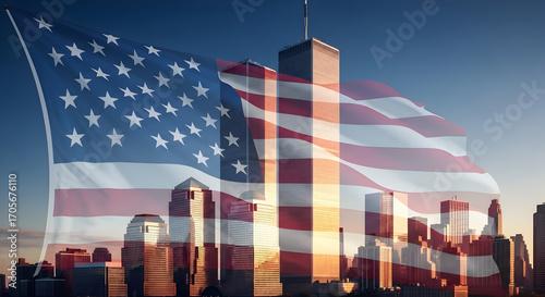 Patriotic tribute to the twin towers with american flag in a conceptual design