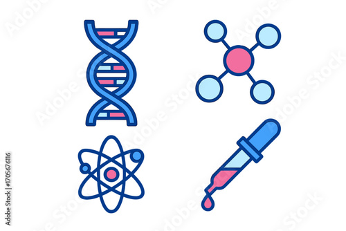 DNA double helix, molecular bond, atomic structure, and laboratory pipette representing scientific concepts