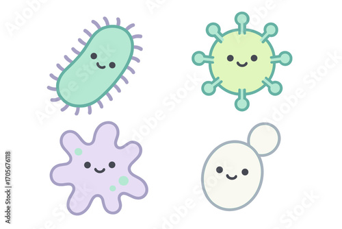 Cute cartoon microbes set featuring friendly smiling bacteria, virus, amoeba, and yeast characters