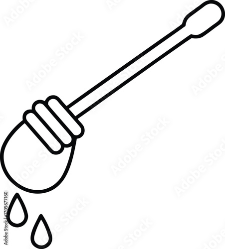 Black outline honey dipper with dripping honey drops on white background vector