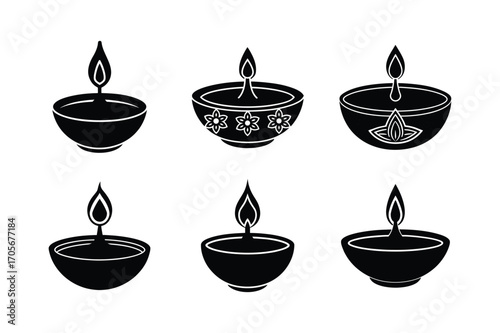 clay diya bundle set linocut style silhouette vector illustration on white background
