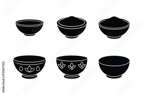haldi bowl bundle set linocut style silhouette vector illustration on white background
