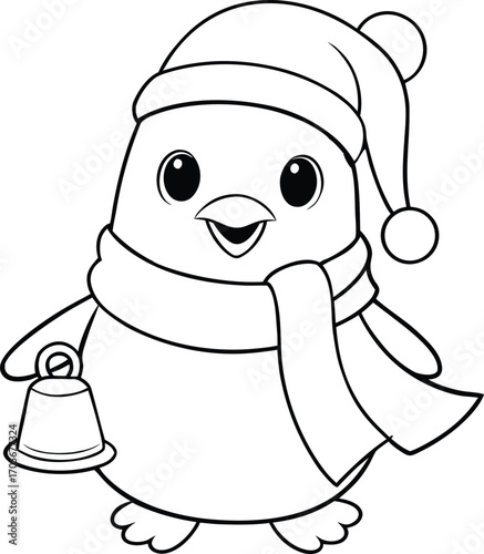 Cute cartoon penguin wearing a Santa hat and scarf holding a bell