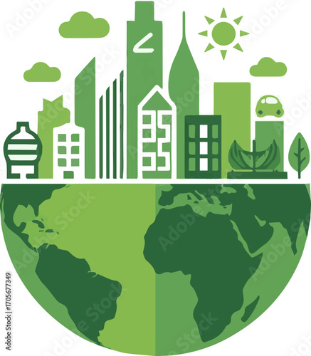 Create a kinds of deferent Sustainable development illustration, green city, smart city vector art with white background.