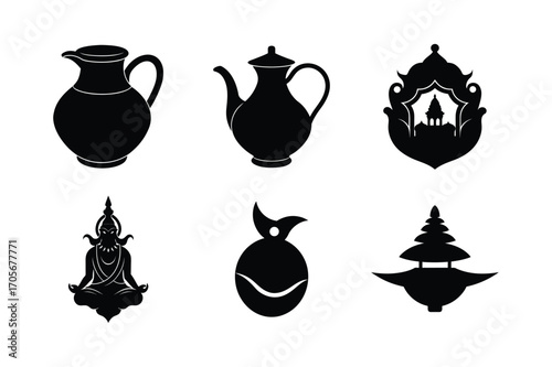 kamandalu traditional water pot bundle set linocut style silhouette vector illustration on white background