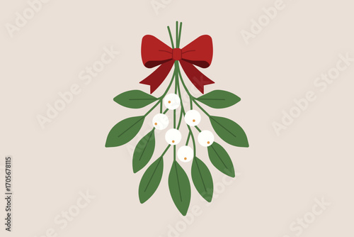 Mistletoe with green leaves, white berries and red bow on beige background, traditional Christmas decoration symbol. Flat vector illustration