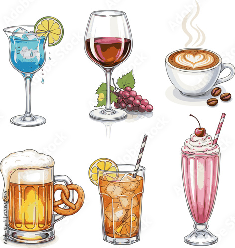 Create a kinds of deferent Watercolor style stylish drink illustration set vector material vector art with white background.