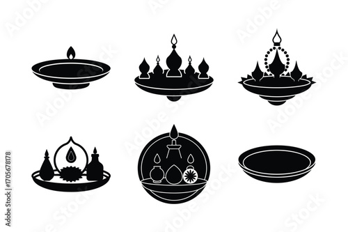 puja thali bundle set linocut style silhouette vector illustration on white background