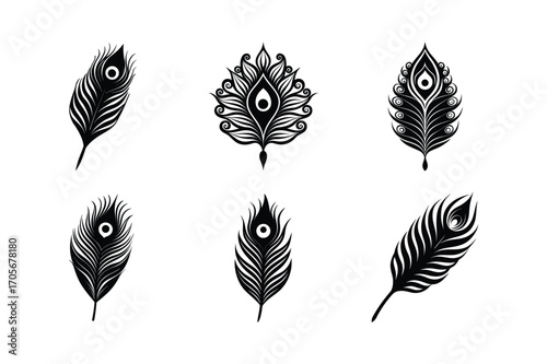 peacock feather bundle set linocut style silhouette vector illustration on white background