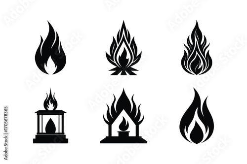 sacred fire bundle set linocut style silhouette vector illustration on white background