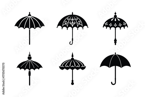 puja umbrella bundle set linocut style silhouette vector illustration on white background