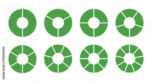 Wheel round divided diagrams with two, three, four, five, six, seven, eight, nine segments. Green circle division on 2, 3, 4, 5, 6, 7, 8, 9 equal parts. Coaching blank. Infographic green set.