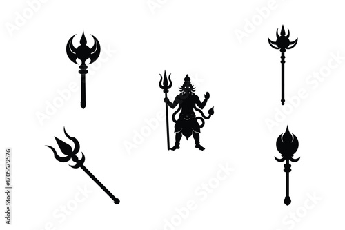 hanuman gada bundle set linocut style silhouette vector illustration on white background