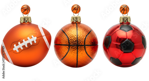 Christmas tree ornaments shaped like a football, basketball, and soccer ball in bright colors, perfect for sports fans holiday decorations