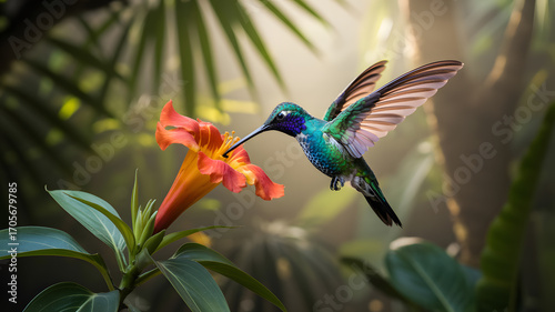 Vibrant hummingbird feeding from a tropical bloom