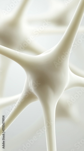 A white blob with a long, thin neck is the main focus of the image. The blob is surrounded by other white blobs, which are also thin and elongated. Scene is somewhat abstract and surreal