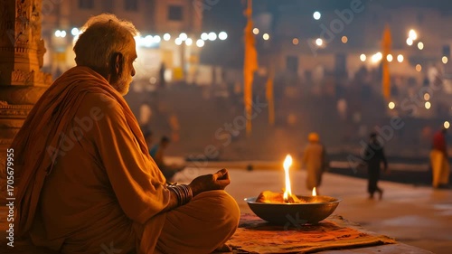 Spiritual ambiance during dawn at Manikarnika Ghat, Varanasi 