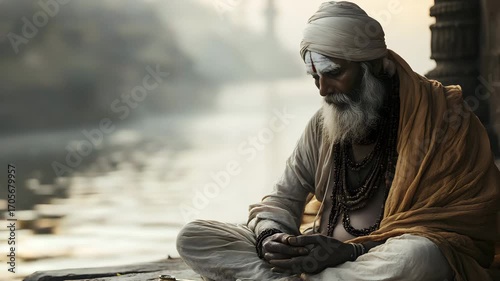 Peaceful spiritual moment with a lone sadhu by the riverside in Varanasi 