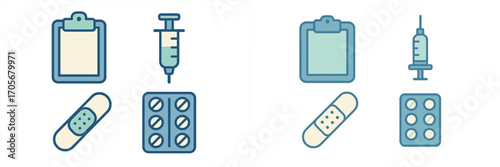 Essential healthcare and medical supplies with a clipboard, syringe, adhesive bandage, and blister pack of pills