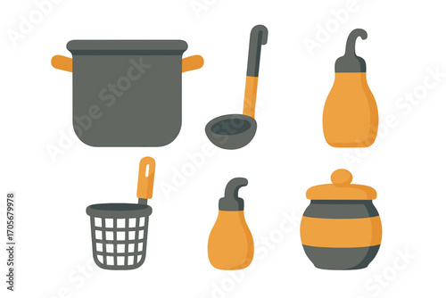 Essential kitchen cooking utensils and containers: pot, ladle, oil dispenser, honey pot in modern flat design