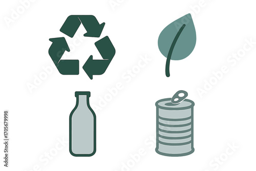 Recycling and environmental conservation symbols featuring arrows, a green leaf, a glass bottle, and a metal can
