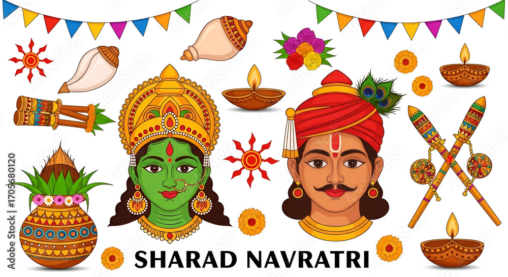 Naklejka premium Sharad Navratri festival celebration in a vibrant 2D flat vector illustration, featuring traditional Indian symbols and festive decorations, isolated on a white