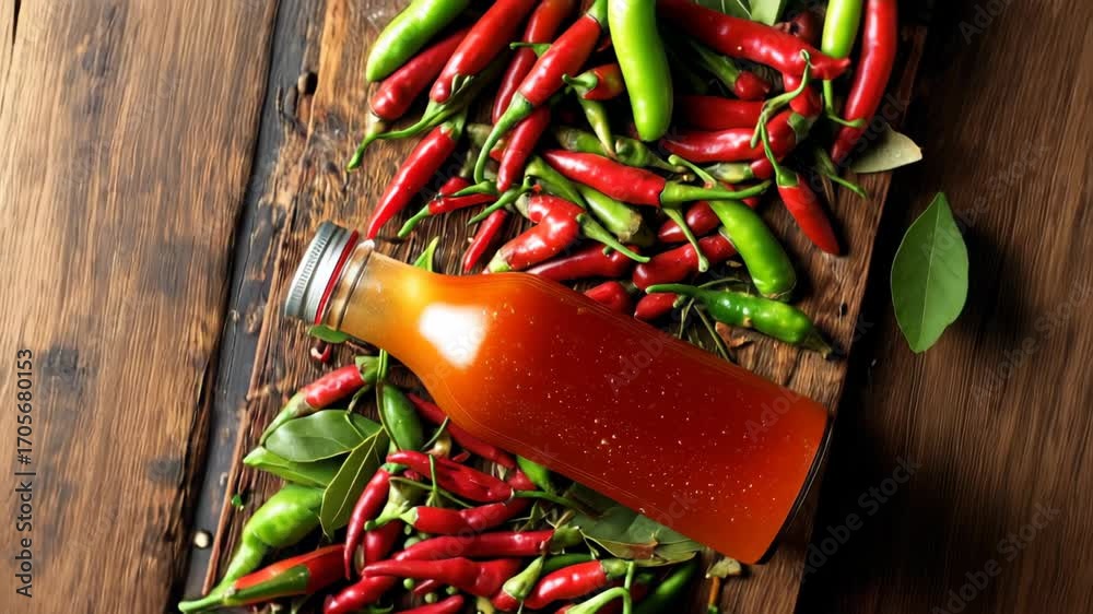 Bottle of Red Sauce on Wooden Board Surrounded by Green Leaves and Vibrant Red and Green Chili Peppers