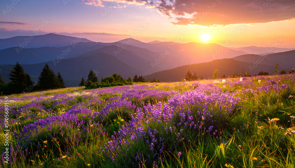 Obraz premium Dreamy Mountain Meadow with Lavender Flowers at Sunset