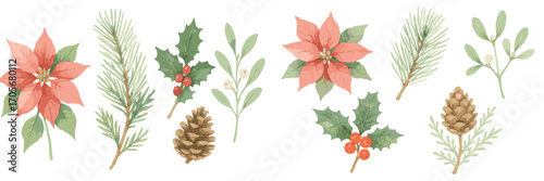 Watercolor winter holiday botanical collection featuring poinsettia, holly, mistletoe, pine branches, and natural pine cones