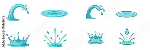 Stylized water splashes, gentle ripples, and falling drops in various shapes and forms, isolated on white background