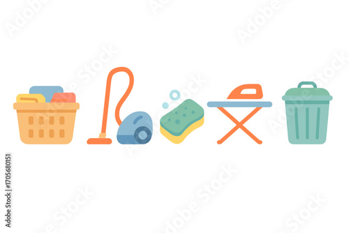 Household cleaning and laundry items including vacuum cleaner, sponge, ironing board, laundry basket, and trash can