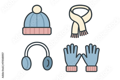 Essential cozy winter clothing accessories set including a warm hat, knitted scarf, earmuffs, and gloves for cold weather protection