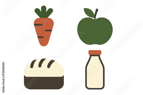 Selection of nutritious healthy food items featuring fresh carrot, green apple, baked bread, and milk bottle