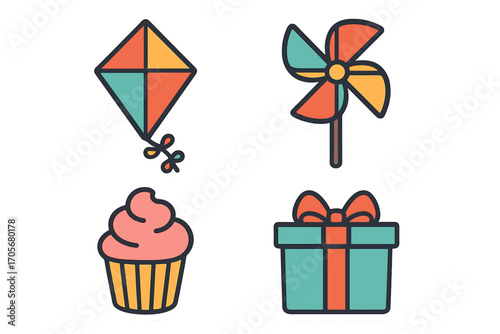 Vibrant collection of playful festive items: a colorful kite, spinning pinwheel, sweet cupcake, and wrapped gift box for celebrations