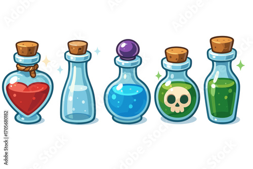 Assortment of magical potion bottles with colorful liquids and mystical symbols for fantasy game design