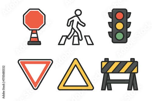 Diverse collection of road safety signs, traffic signals, pedestrian crossing symbols, and construction barriers for urban environments