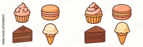 Delicious sweet desserts with frosted cupcakes, colorful macarons, rich chocolate cake, and creamy ice cream cones