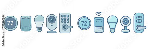 Modern smart home devices collection featuring thermostat speaker light bulb security camera and door lock